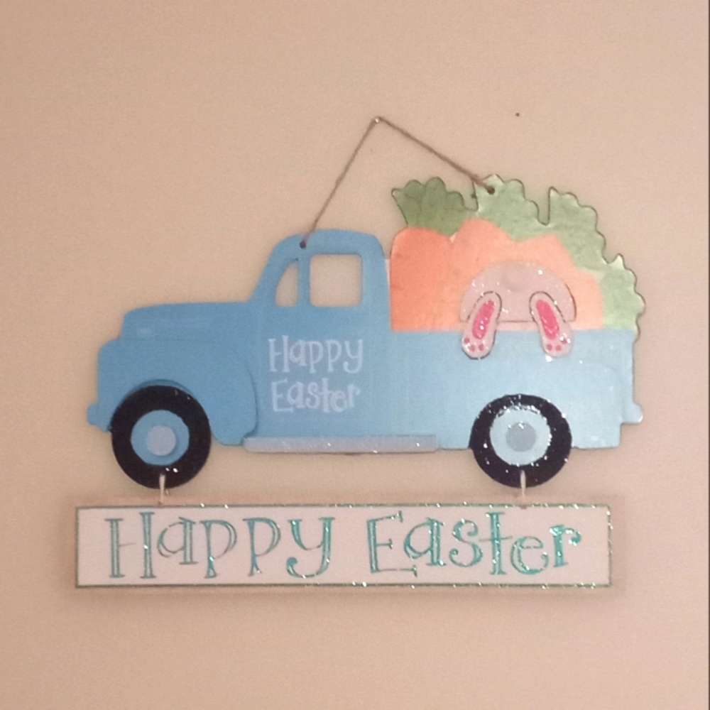 All🐥3/$25 🐰 Blue Truck & Bunny "Happy Easter" Glittery Wooden Wall Decor NWT